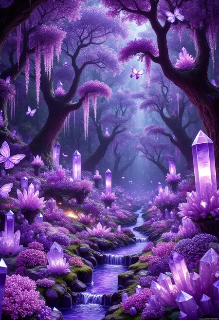 The Amethyst Garden of Forgotten Dreams
A hidden garden made of sparkling amethyst crystals blooms in the heart of a dense, mystical forest. Crystalline flowers of every shape and size radiate a soft purple glow, their faceted petals catching the dim light filtering through the dense canopy. A small stream of liquid amethyst winds through the garden, its surface reflecting the surreal beauty of the surroundings. Crystalline butterflies, their wings glowing faintly, flit from flower to flower, while the air is filled with the gentle hum of resonating crystals.