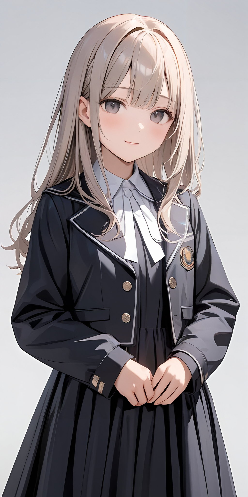 masterpiece,ultra-detailed,best quality,8K,illustration,cute face,clean skin ,shiny hair,girl,simple background
 <lora:add-detail-xl:1>  <lora:jyoji formal_XL_V1.0:0.5> jyojifuku, dress, long sleeves, jacket