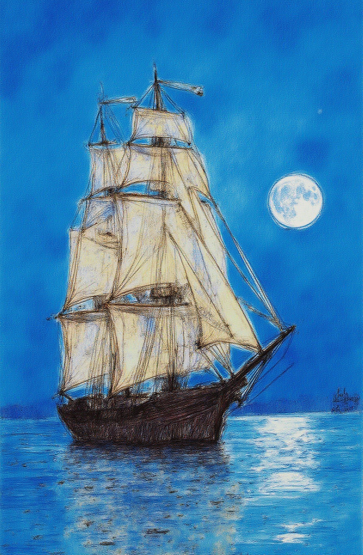 Sharp image of a rough sketch, rendered in vibrant multi colour ballpoint pen, capturing the adorable features of a portait of a tall ship sailing in the ocean with a full moon in the background. The ship is silhouetted against the sky, which is a deep blue color, and the moon is partially visible in the top right corner of the image. The moon appears to be partially hidden behind the ship, creating a sense of depth and mystery. The water is calm and still, reflecting the light of the moon and the ship. The mast of the ship is tall and slender, with multiple sails that are billowing in the wind. The overall mood of the photograph is peaceful and serene.  p3nsk, <lora:p3nsk:1>