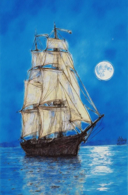 Sharp image of a rough sketch, rendered in vibrant multi colour ballpoint pen, capturing the adorable features of a portait of a tall ship sailing in the ocean with a full moon in the background. The ship is silhouetted against the sky, which is a deep blue color, and the moon is partially visible in the top right corner of the image. The moon appears to be partially hidden behind the ship, creating a sense of depth and mystery. The water is calm and still, reflecting the light of the moon and the ship. The mast of the ship is tall and slender, with multiple sails that are billowing in the wind. The overall mood of the photograph is peaceful and serene.  p3nsk, <lora:p3nsk:1>