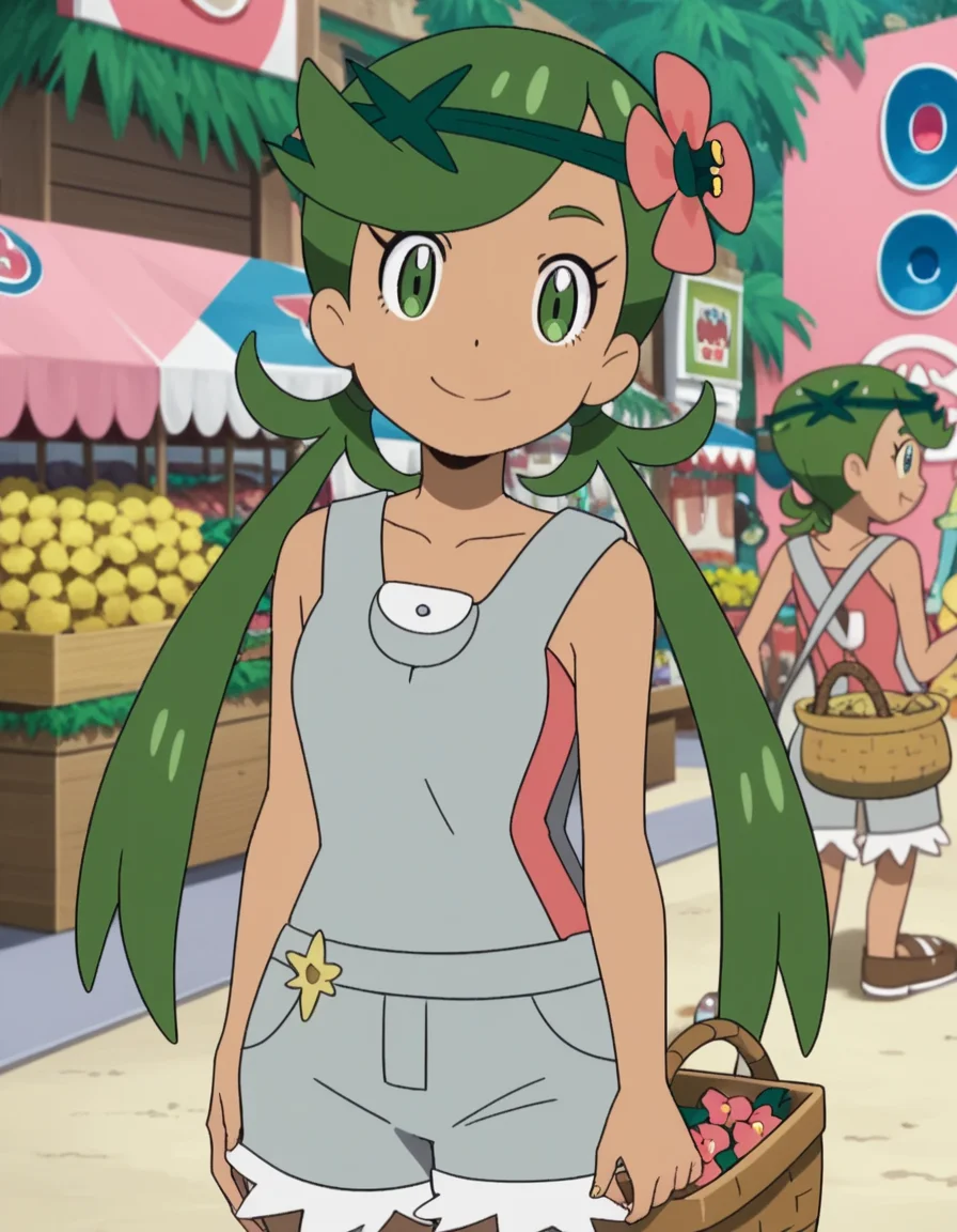 score_9, score_8_up, score_7_up, source_anime, <lora:pokemon-mallow-anime-ponyxl-lora-nochekaiser:1>, mallow, long hair, bangs, hair ornament, twintails, green eyes, flower, green hair, hair flower, dark skin, dark-skinned female, swept bangs, mallow (pokemon), collarbone, sleeveless, pink shirt, overalls,, farmers market, fresh produce, local vendors, baskets, sunny day, community, smile, , elbow bent, hand on thigh, foot pointed, solo,, cowboy shot, dutch angle