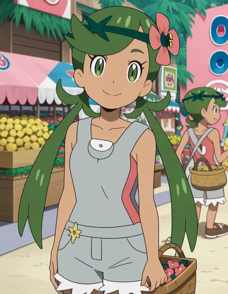 score_9, score_8_up, score_7_up, source_anime, <lora:pokemon-mallow-anime-ponyxl-lora-nochekaiser:1>, mallow, long hair, bangs, hair ornament, twintails, green eyes, flower, green hair, hair flower, dark skin, dark-skinned female, swept bangs, mallow (pokemon), collarbone, sleeveless, pink shirt, overalls,, farmers market, fresh produce, local vendors, baskets, sunny day, community, smile, , elbow bent, hand on thigh, foot pointed, solo,, cowboy shot, dutch angle