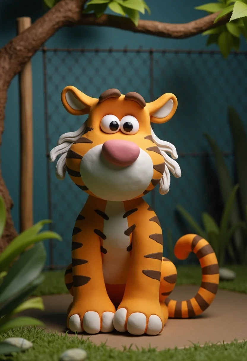 a claymation animation of a tiger looking depressed in a zoo cage