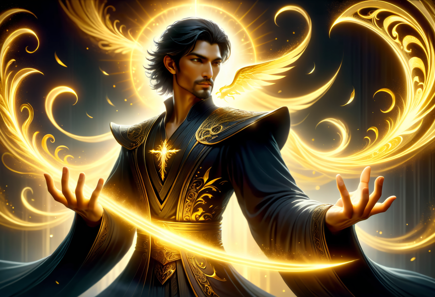 hyper detailed masterpiece, dynamic, awesome quality, male nightblade   radiant, soft golden light, emanates warmth, sense of peace, gently floating ethereal figures and symbols,  presence brings a sense of hope and sanctity DonMM4g1cXL <lora:DonMM4g1cXL_v1.2:1>  <lora:Perfect Hands v2:0.8> Perfect Hands