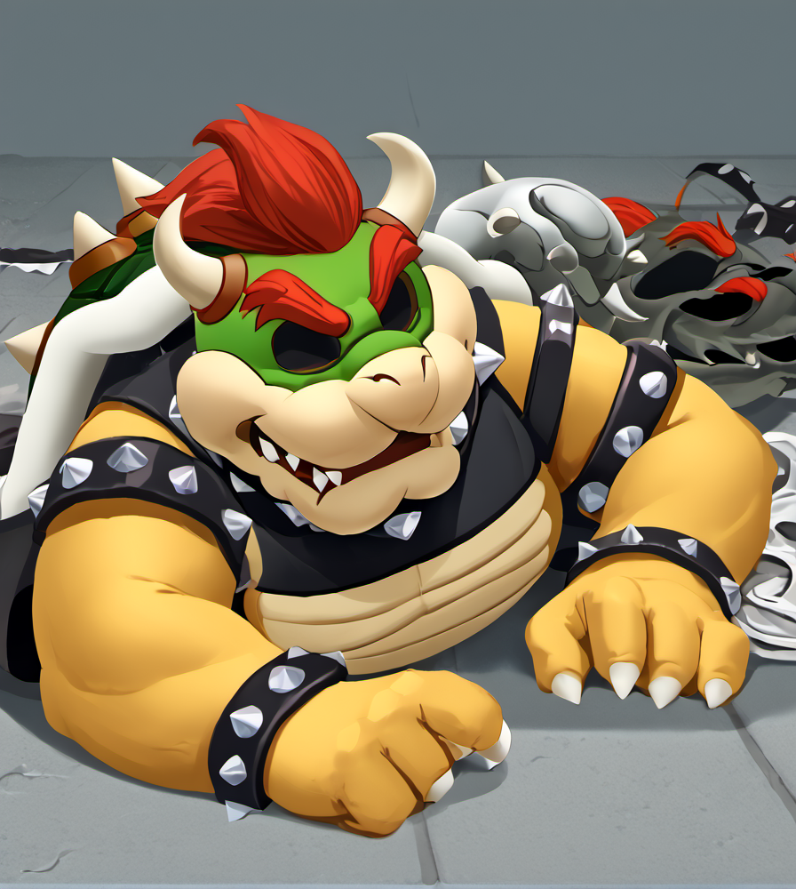 score_9, score_8_up, score_7_up, high res:1.5, digital media (artwork), lineless:1.5, motion lines, bowser, spiked collar, spiky shell, horns, claws, red hair, overweight, male, <lora:Suiting_and_Masking:1> 5uitingm4sking, mask, discarded costume, costume on floor <lora:Bowser_-_Super_Mario_Bros:0.9>