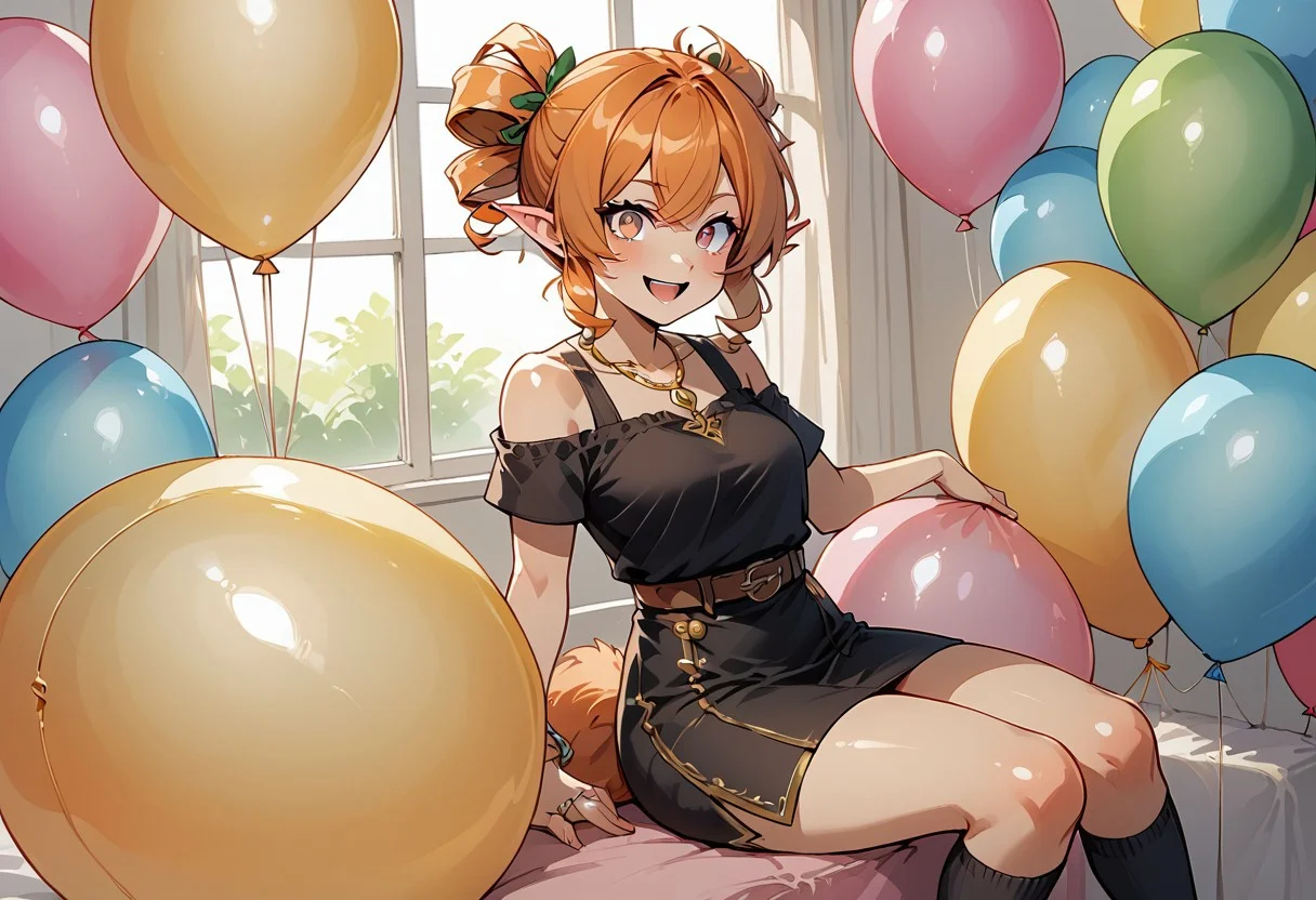 score_9, score_8_up, score_7_up, score_6_up, happy, cute eyes,
fun expression, 1 girl, drawing, cute, artwork, anime style, adult aged, shortstack,
black short skirt, (orange hair:1.1), (fluffy bangs:1.1), (short twin tail hair curls:1.2), twintail hair high up on head, (twin short drill hair:1.2), bows on twintail hair, (elf ears:1.1), ring on necklace, black crop top, black short sleeves, (bare shoulders:1.2), dark red socks, short black mage boots with gold belts, (black cape:0.8), average bust size, happy face, casting a dark magic spell, bright colors background, ((sitting on a hyper round balloon:1.5)), bouncing, (((sitting on pink balloon:1.5, s2p))), breast wobble, legs squeezing balloon till it pops,