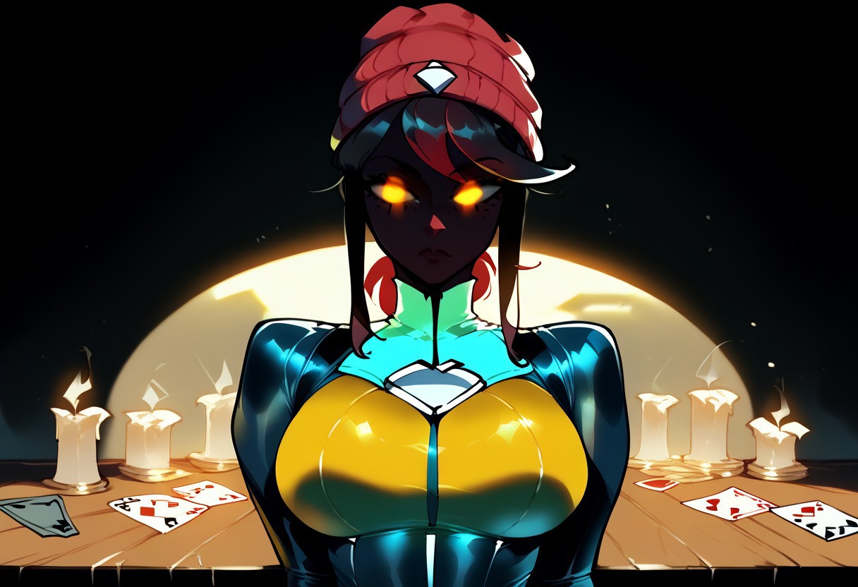 STYLES | PONY & ANIMAGINE
score_9, score_8_up, score_7_up , masterpiece, beautiful,1 girl,
SkylaCruzPXL, 1girl, solo,Skyla,   freckles, dark skin, dark-skinned female,black hair,black eyes, short ponytail,short hair, ponytail,beanie, red and green colored beanie, shaded face, glowing eyes, shaded face, (black face:1.2)
,SinestronCOS,thighhighs,white  gloves,skin tight,bodysuit,superhero,black bodysuit,yellow bodysuit,sinestrocorps symbol on chest, , knee boots, white boots,sinestrocorps symbols on chest, anime art style,