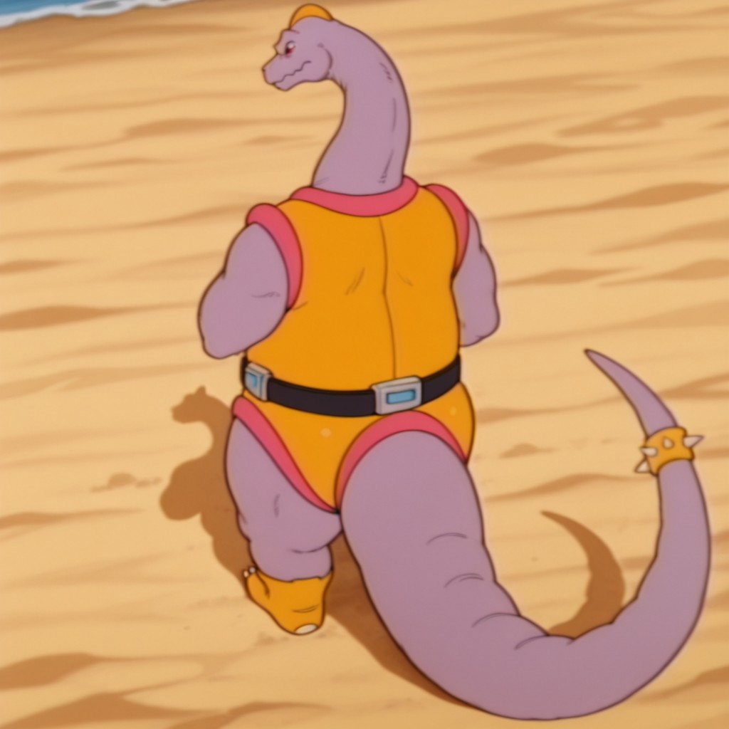 masterpiece, best quality, amazing quality, BrachioDsil, anthro, male  Brachiosaurus, red eyes, light purple skin, yellow cest,long neck, yellow bodysuit, pink trim, black belt, yellow boots, spiked tail ring,, from behind, looking back, tail,, on a beach, standing, solo, 1boy, full body,
