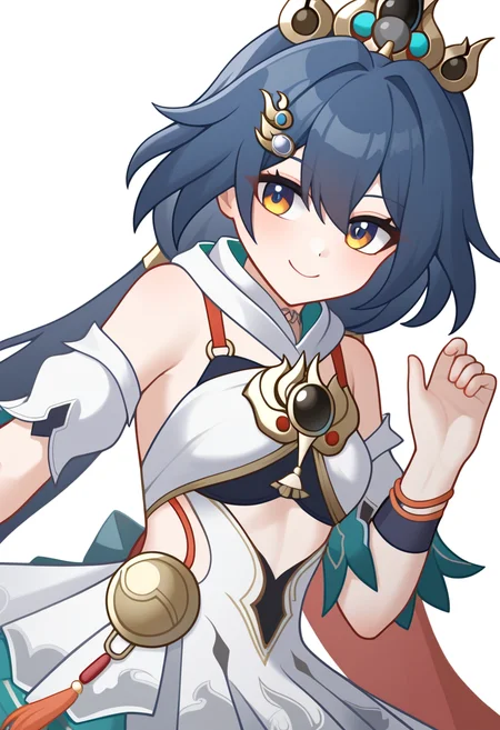 <lora:yunli:1>,yunli_(honkai:_star_rail), 1girl, simple_background, small_breasts, white_background, white_dress, bare_shoulders, detached_sleeves, solo, closed_mouth, from_side, smile