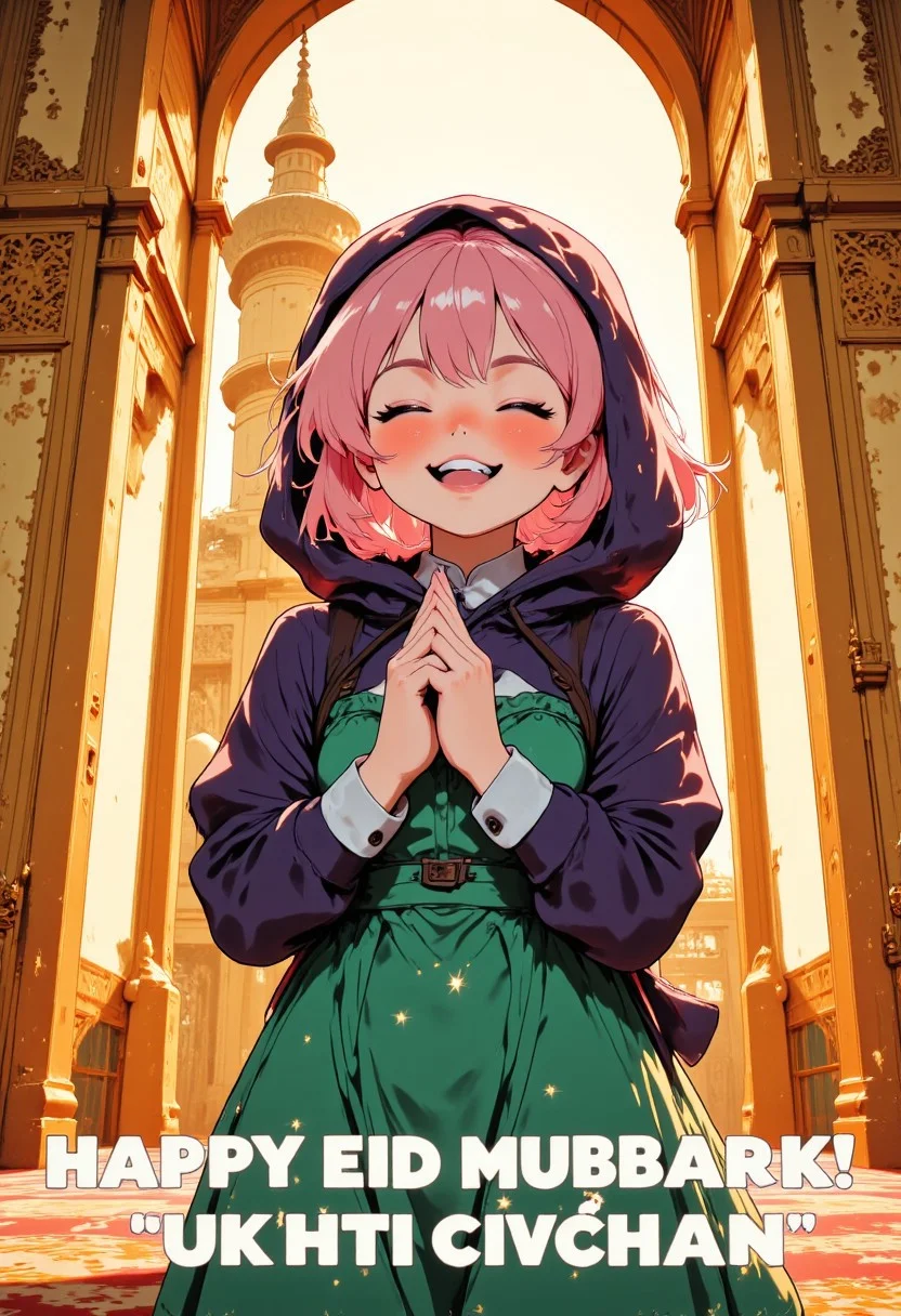 ADD OVERLAY TEXT:"HAPPY EID MUBARAK! UKHTI CIVCHAN". Create an illustration of a cheerful, anime-style character with short pastel pink hair and rosy cheeks. The character should have a bright, radiant smile with closed eyes and small sparkles around their head. They are wearing a dark purple hood over a dark coat with white cuffs, paired with a vibrant green dress featuring ruffled details. The character's hands are clasped together in a prayer-like gesture, expressing gratitude or excitement. The background is a elegant great mosque of Moslem holy place, golden light to fill the space, and the walls have golden paneling or ornate detailing with a wonderful Mosque dome. The overall mood should be warm, positive, and inviting.