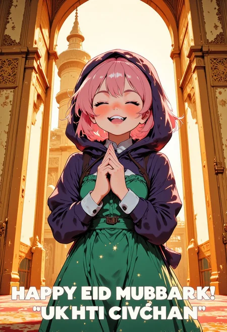 ADD OVERLAY TEXT:"HAPPY EID MUBARAK! UKHTI CIVCHAN". Create an illustration of a cheerful, anime-style character with short pastel pink hair and rosy cheeks. The character should have a bright, radiant smile with closed eyes and small sparkles around their head. They are wearing a dark purple hood over a dark coat with white cuffs, paired with a vibrant green dress featuring ruffled details. The character's hands are clasped together in a prayer-like gesture, expressing gratitude or excitement. The background is a elegant great mosque of Moslem holy place, golden light to fill the space, and the walls have golden paneling or ornate detailing with a wonderful Mosque dome. The overall mood should be warm, positive, and inviting.
