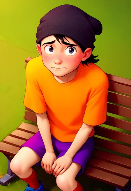 score_8, score_8_up, score_7_up, score_6_up, source_cartoon, flat shading, good_hands, BREAK, 1boy, solo, male focus,, Double D, beanie, black hair, orange shirt, purple shorts, red socks, blue shoe, park background, trees, pond, bench, sitting, looking at viewer, blushing, shy, embarrassed, from above,