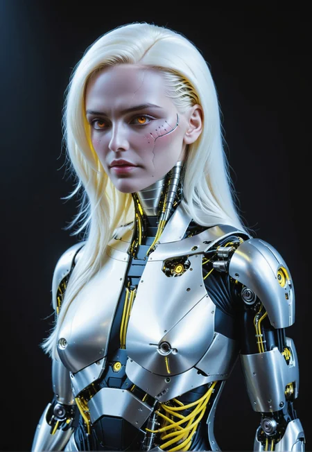 safe_pos, digital artwork of a futuristic, cyberpunk-styled female android with pale skin, long white hair, and large, expressive eyes. She wears a form-fitting, high-tech bodysuit with exposed, intricately designed mechanical parts, revealing ample cleavage. The background is a solid, bright yellow, contrasting with her monochromatic attire. The lighting is even, highlighting her sleek, metallic textures. The image is a close-up, side profile, emphasizing her elegant, yet robotic appearance.