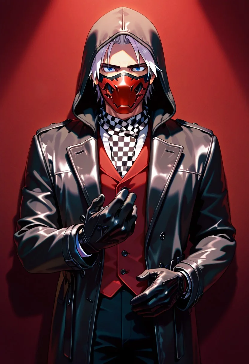 Zack Foster, mask, full face cover, hood, tuxedo, leather coat, gloves, red and black checkered scarf, 1 boy.