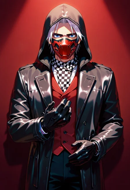 Zack Foster, mask, full face cover, hood, tuxedo, leather coat, gloves, red and black checkered scarf, 1 boy.