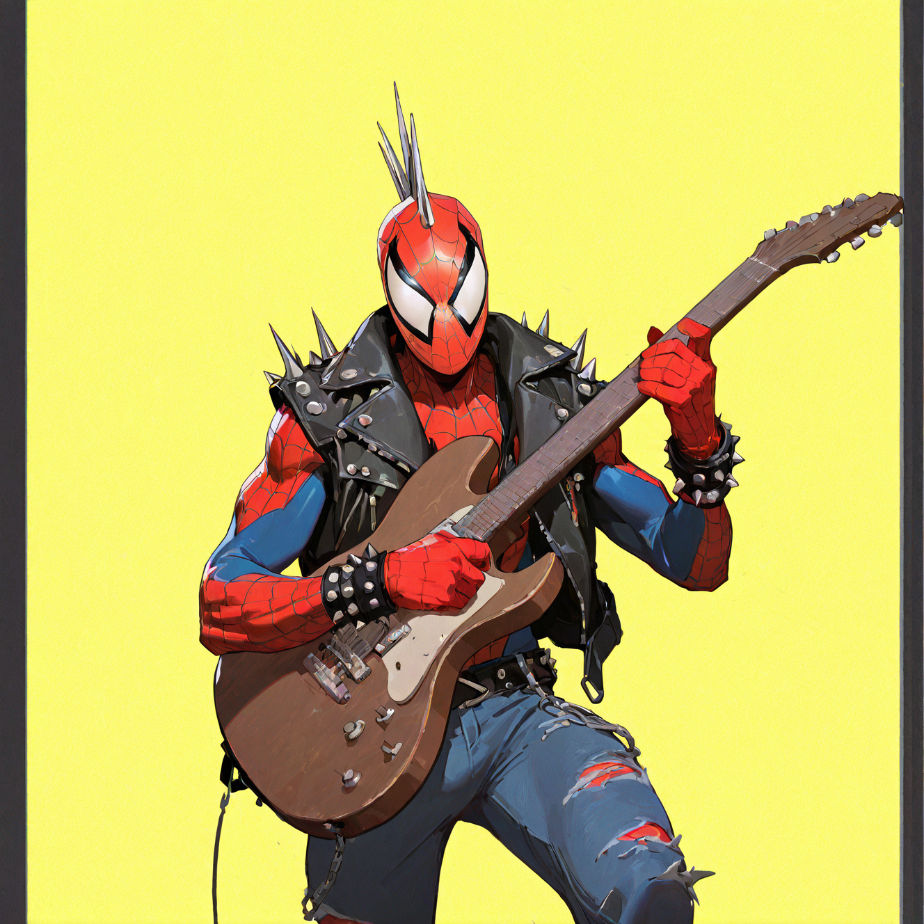 <lora:SPIDERPUNK:1>spiderpunk, solo, looking at viewer, 1boy, gloves, holding, jacket, male focus, pants, belt, torn clothes, mask, bodysuit, chain, denim, yellow background, instrument, red gloves, spikes, jeans, guitar, axe, holding instrument, playing instrument, spiked bracelet, electric guitar, superhero, torn pants, leather jacket, shoulder spikes, jewelry, detailed background, motion blur, film grain, abstract, natural lighting, fantasy, cinematic, dynamic view, very awa, masterpiece, best quality, absurdres, newest, perfect quality, detailed background, intricate details, (artist:fl \(l-fl\):0.7), (artist:tooboshoo:0.7), (artist:dizdoodz:0.8)    <lora:bulge:1> bulge