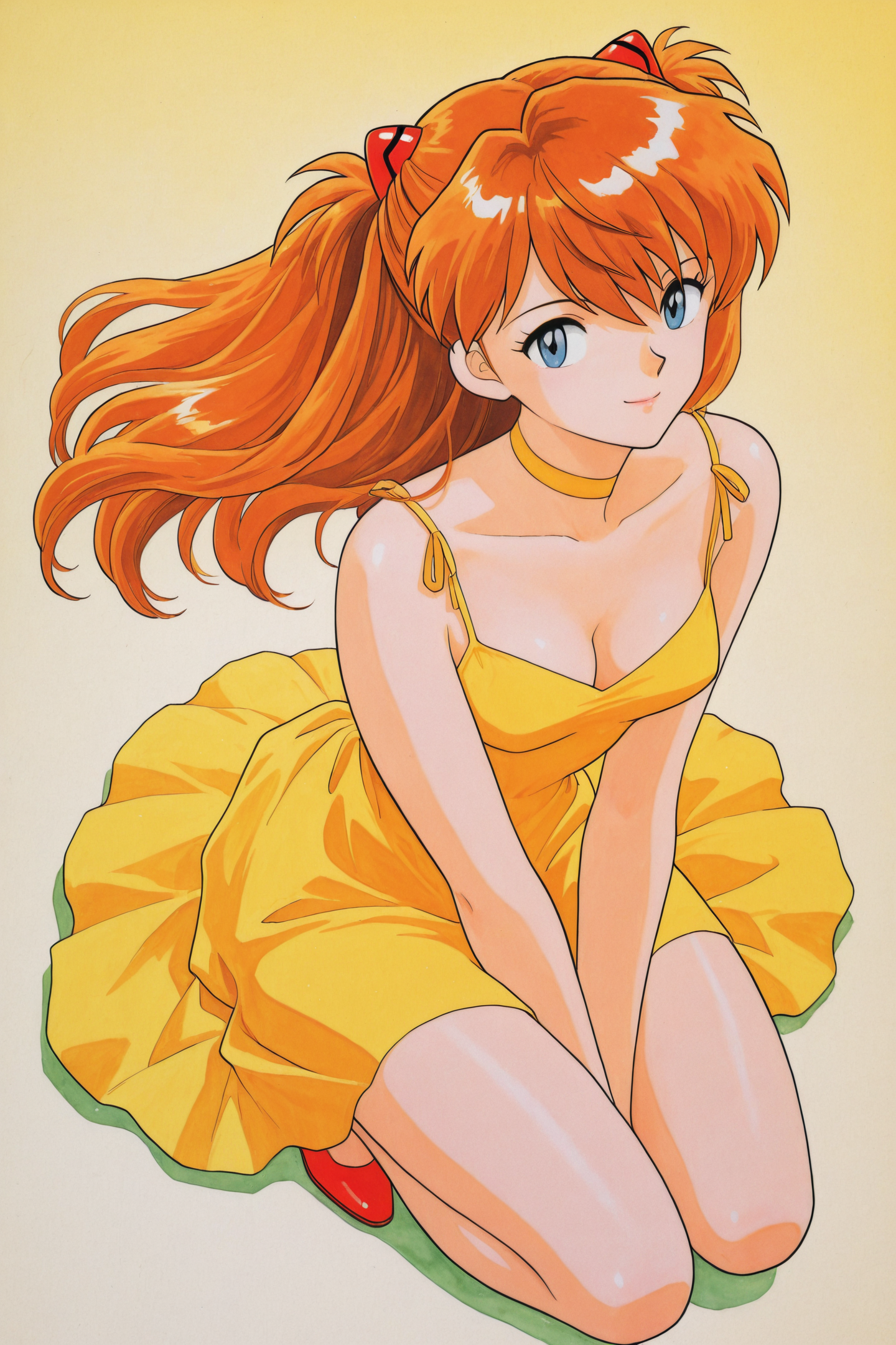 1girl,souryuu asuka langley,yellow dress,dress,solo,shadow,long hair,blue eyes,breasts,gradient,orange hair,gradient background,smile,choker,sitting,shoes,bangs,full body,cleavage,looking at viewer,small breasts,bare shoulders,from above,two side up,yellow background,v arms,light smile,sleeveless,hair ornament,closed mouth,sleeveless dress,traditional media,retro artstyle,
<lora:Sadamoto Yoshiyuki_illustriousXL:0.3>,
<lora:Takahashi Rumiko_illustriousXL:1>,