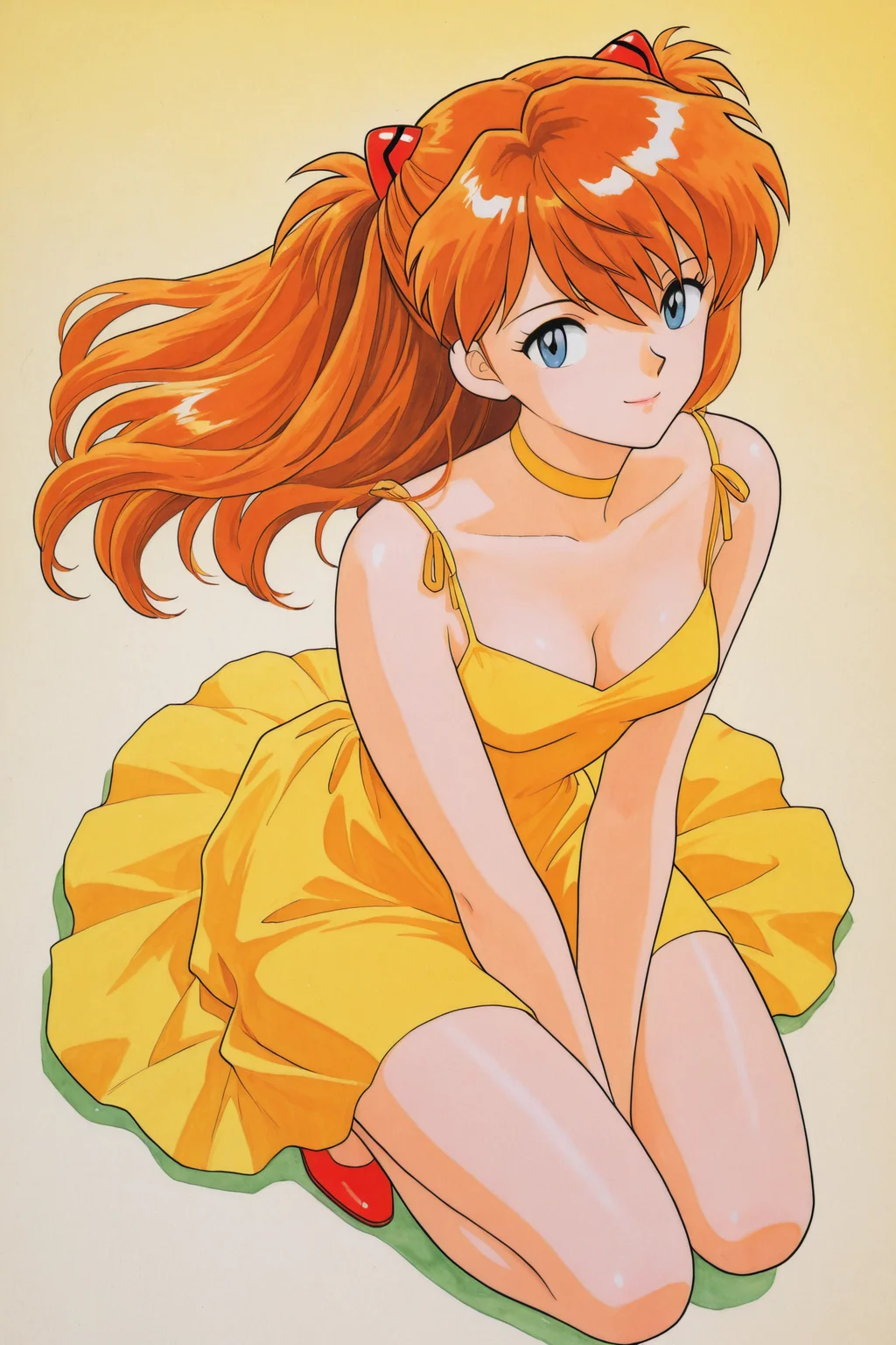 1girl,souryuu asuka langley,yellow dress,dress,solo,shadow,long hair,blue eyes,breasts,gradient,orange hair,gradient background,smile,choker,sitting,shoes,bangs,full body,cleavage,looking at viewer,small breasts,bare shoulders,from above,two side up,yellow background,v arms,light smile,sleeveless,hair ornament,closed mouth,sleeveless dress,traditional media,retro artstyle,
<lora:Sadamoto Yoshiyuki_illustriousXL:0.3>,
<lora:Takahashi Rumiko_illustriousXL:1>,