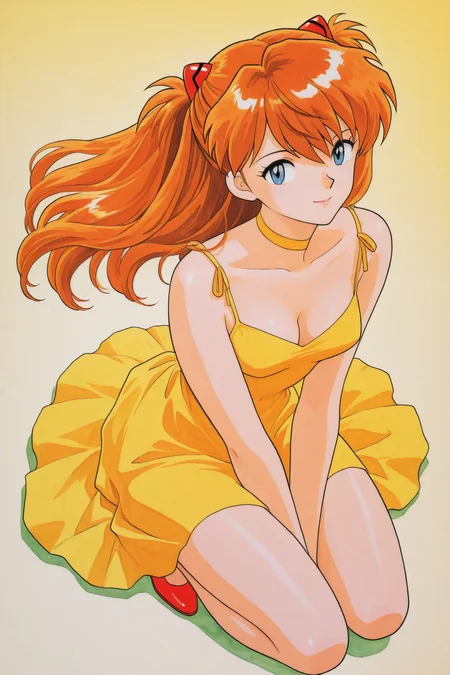 1girl,souryuu asuka langley,yellow dress,dress,solo,shadow,long hair,blue eyes,breasts,gradient,orange hair,gradient background,smile,choker,sitting,shoes,bangs,full body,cleavage,looking at viewer,small breasts,bare shoulders,from above,two side up,yellow background,v arms,light smile,sleeveless,hair ornament,closed mouth,sleeveless dress,traditional media,retro artstyle,
<lora:Sadamoto Yoshiyuki_illustriousXL:0.3>,
<lora:Takahashi Rumiko_illustriousXL:1>,
