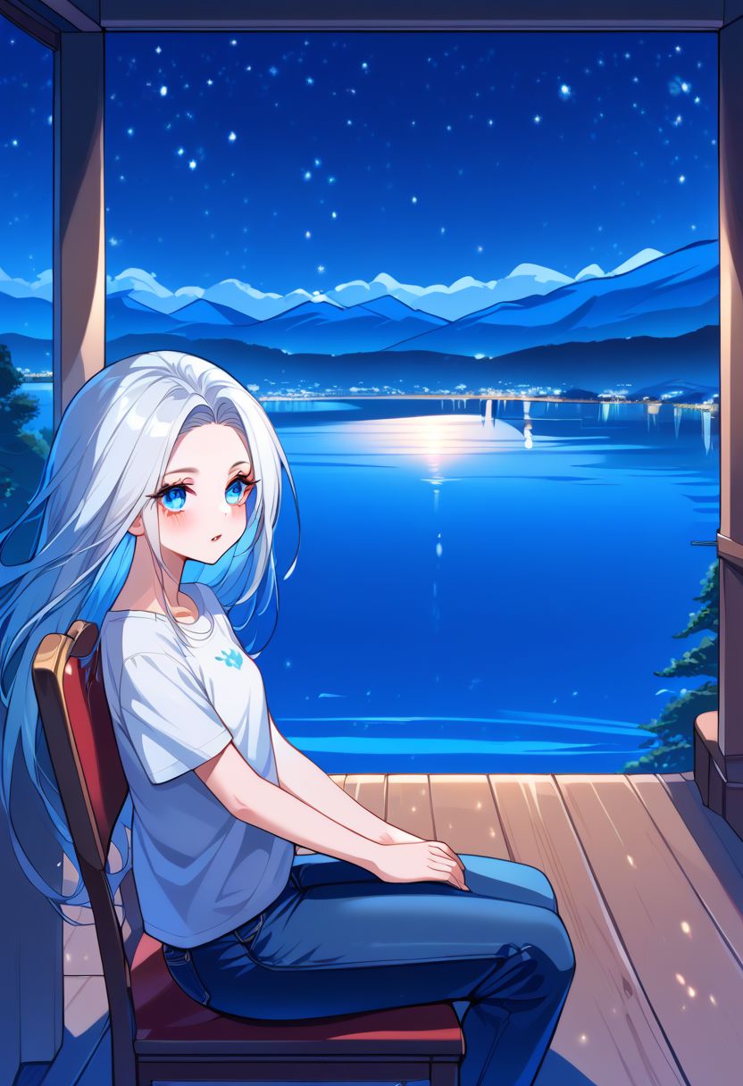 score_9, score_8_up, score_7_up, 8k uhd, masterpiece, best quality, high quality, absurdres, ultra-detailed, (highly detailed), OverallDetail, Expressiveh, 
,
((( Uncensored, thin, petite, small, fragile, little, petite,  short, best view)))
,
(((1 girl, solo)))
,
(((RoxanaF, blue eyes, multicoloured hair, t-shirt, pants)))
,
((( TeraceWA, lake, sky, mountains, night, indoor )))
,
((( Girl Posing while sitting on chair, focus on girl face, close view)))