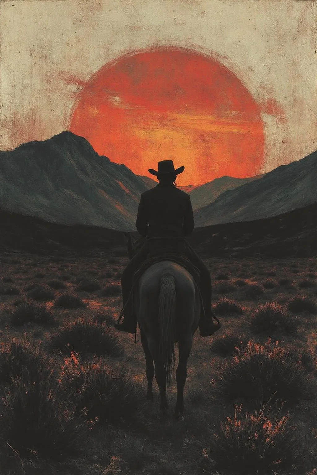 apoca1 illustration. of a cowboy riding a horse across the wild west at sundown. Mountains in the background. <lora:apocalypse_now4_nocap_d4a2:1.0><lora:803166525381947775:0>