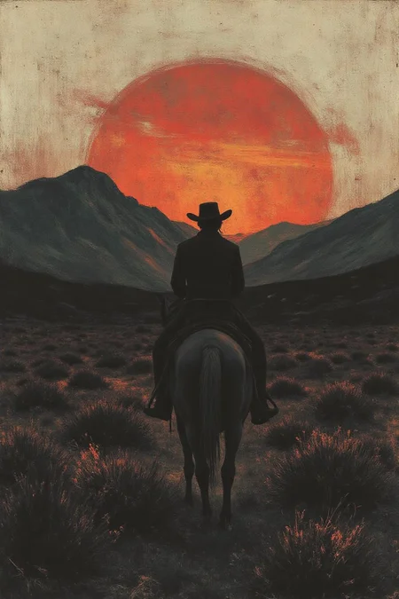 apoca1 illustration. of a cowboy riding a horse across the wild west at sundown. Mountains in the background. <lora:apocalypse_now4_nocap_d4a2:1.0><lora:803166525381947775:0>