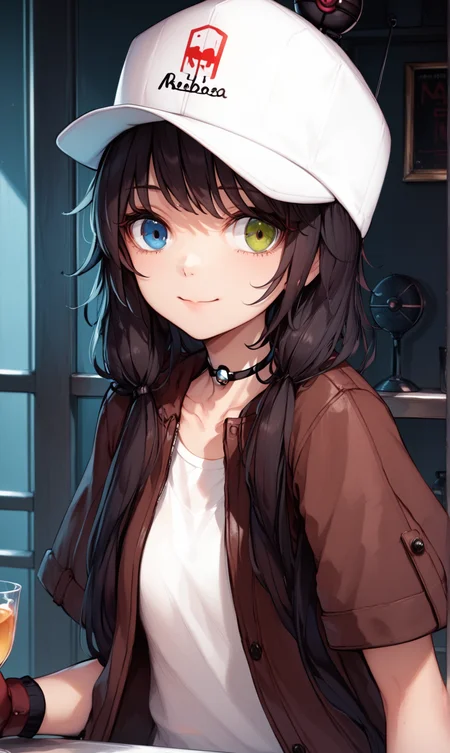 (score_9,score_8_up,score_7_up,score_6_up,score_5_up),1girl, heterochromia, gloves, solo, hat, long hair, choker, shirt, blue eyes, looking at viewer, jacket, white headwear, green eyes, baseball cap, red gloves, white shirt, short sleeves, twintails, open clothes, upper body, smile, open jacket, closed mouth, black hair, collarbone, low twintails, black choker, brown jacket, yellow eyes, indoors, black background, bar \(place\), bar stool, alcohol, nicole chen, <lora:VA-11 Hall-A-xl:1>