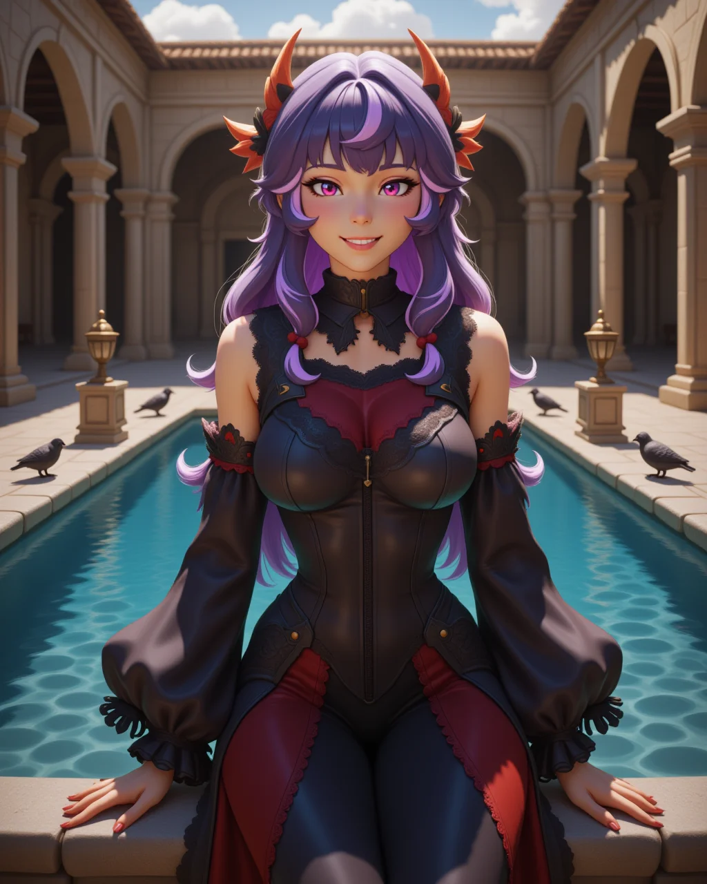 wide shot, looking at viewer, outdoors daylight, 20 year old woman, Joyful with a bright smile, eyes crinkling at the corners, and cheeks lifted in delight.
<lora:Overwatch_-_Juno_v2-000030:1> o-juno a 20 year old adult woman with purple eyes and multicolored hair with bangs
an ethereal vampire princess with long flowing hair and glowing eyes, wearing a black and crimson gown with intricate lace and velvet details, long flowing sleeves, and a high collar
A woman sits on the edge of a fountain in a peaceful courtyard, the sound of the water flowing filling the space around her as birds perch on the stone edges.