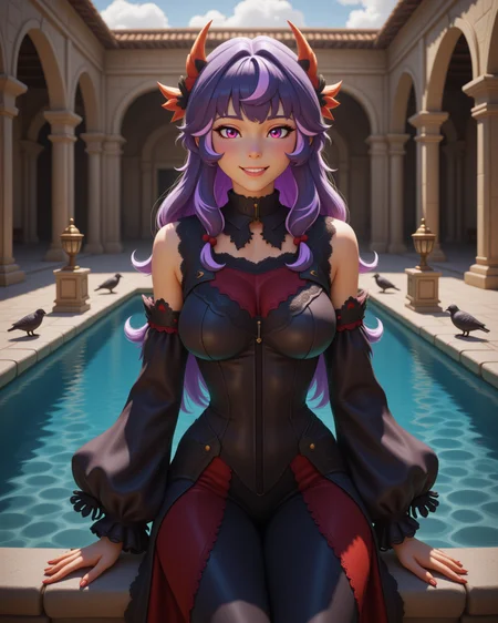 wide shot, looking at viewer, outdoors daylight, 20 year old woman, Joyful with a bright smile, eyes crinkling at the corners, and cheeks lifted in delight.
<lora:Overwatch_-_Juno_v2-000030:1> o-juno a 20 year old adult woman with purple eyes and multicolored hair with bangs
an ethereal vampire princess with long flowing hair and glowing eyes, wearing a black and crimson gown with intricate lace and velvet details, long flowing sleeves, and a high collar
A woman sits on the edge of a fountain in a peaceful courtyard, the sound of the water flowing filling the space around her as birds perch on the stone edges.