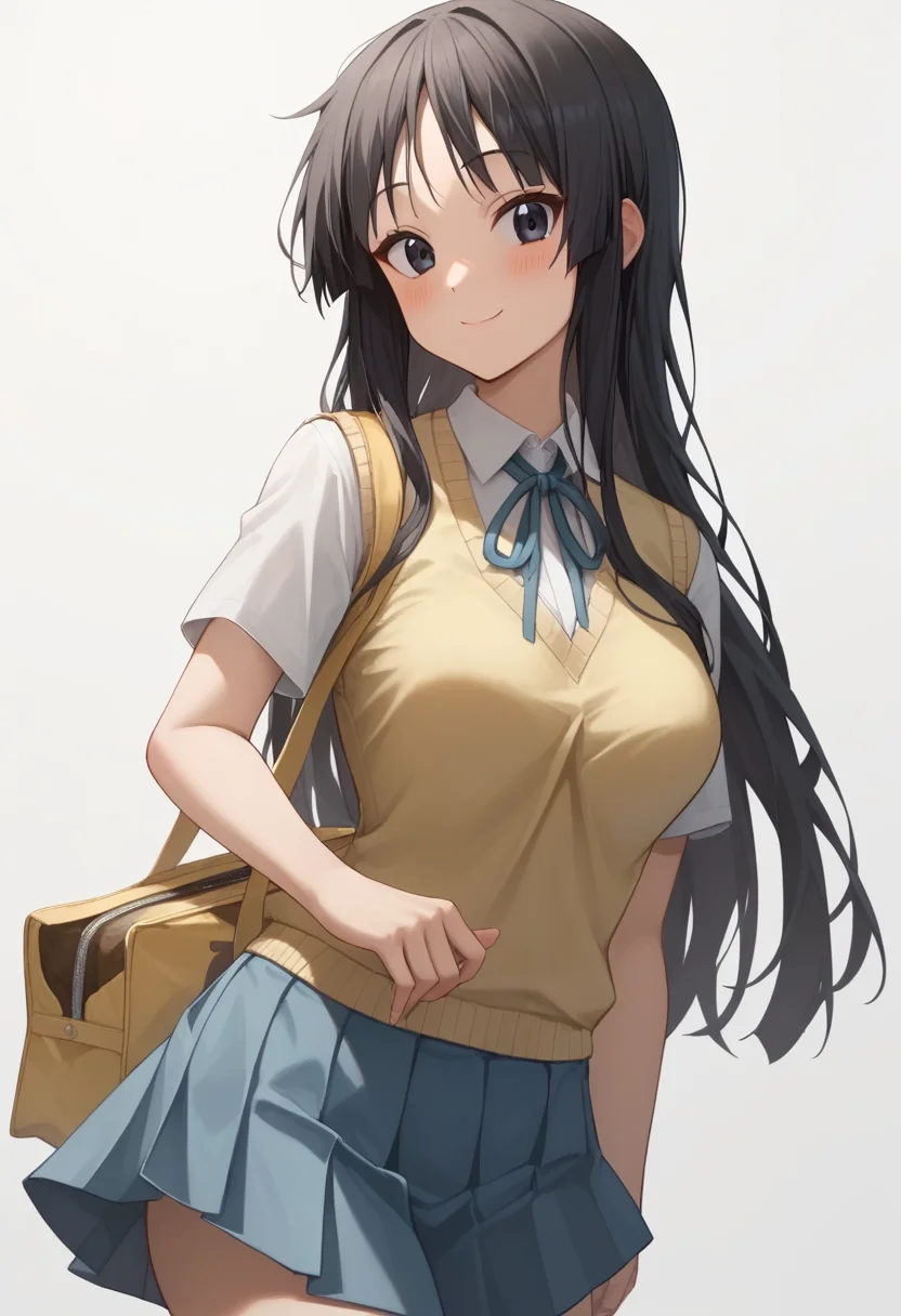 score_9,score_8_up,score_7_up,<lora:akiyama_mio_pony:1>,bag, summer_uniform, breasts, blush, simple_background, pleated_skirt, 1girl, closed_mouth, highres, white_background, short_sleeves, commentary_request, smile, collared_shirt, white_shirt, yellow_sweater_vest, looking_at_viewer, solo, blue_skirt, sakuragaoka_high_school_uniform, akiyama_mio