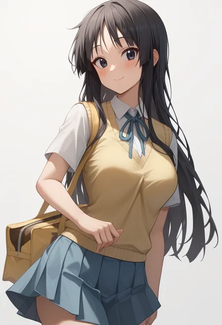 score_9,score_8_up,score_7_up,<lora:akiyama_mio_pony:1>,bag, summer_uniform, breasts, blush, simple_background, pleated_skirt, 1girl, closed_mouth, highres, white_background, short_sleeves, commentary_request, smile, collared_shirt, white_shirt, yellow_sweater_vest, looking_at_viewer, solo, blue_skirt, sakuragaoka_high_school_uniform, akiyama_mio