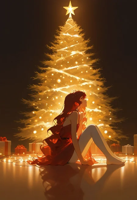 1girl, sitting, bare shoulders, red and black clothes,  white tights, christmas clothes, dark red hair, long wavy hair, flat chest, looking away, christmas tree, christmas decoration, side view, sitting,  christmas lights, masterpiece, highres, absurdres solo, score_9, score_8_up, score_7_up,  2d color,