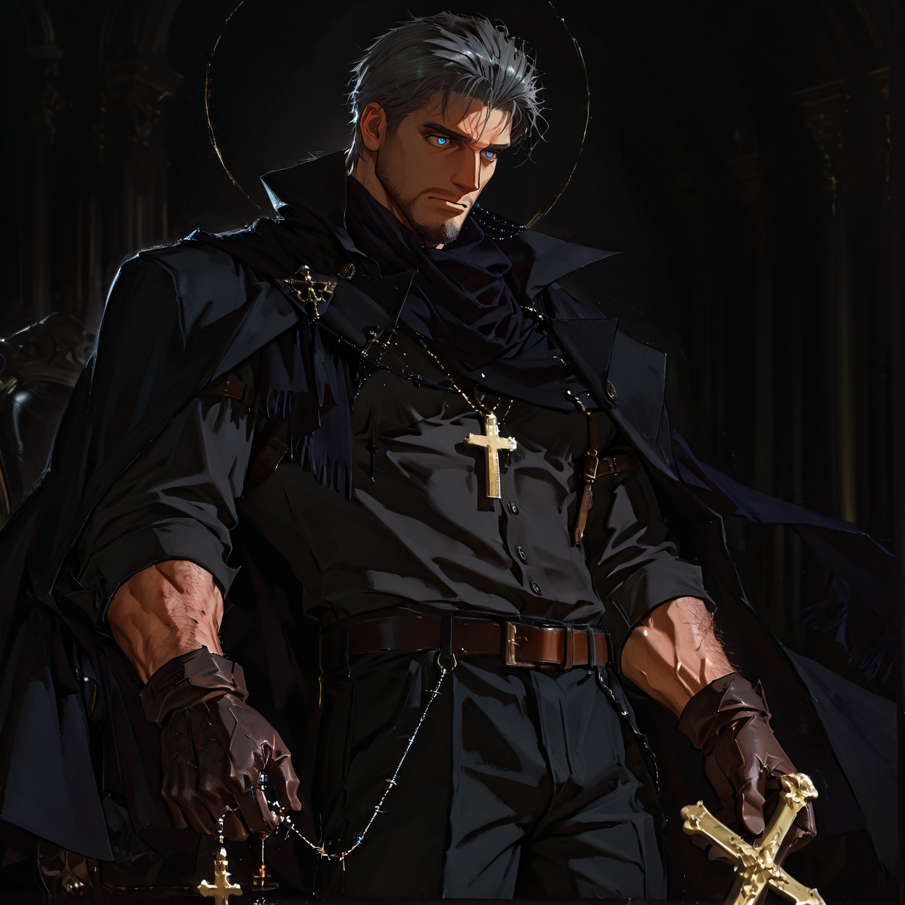 <lora:Eins__Alchemist_Code-000005:.75> tagatameeins, eins_grey hair, eins_grey eyes, 1boy, short hair, rosary, solo, male focus, manly, mature male, bara, muscular male, cape, shirt, scarf, gloves, belt, pants,
((__1man-poses__, ))
short hair, male focus, muscular male, muscular male, bara, mature, (hairy body, hairy, body hair, glossy skin, bara, mature, facial hair, beard, full beard, sideburn, mustache, stubble, male pubic hair), facial hair, bara, mature, body hair, aixiwuganda_(20222192), very awa, masterpiece, best quality, absurdres, newest, perfect quality, detailed background, intricate details,, <lora:slider_Body Type_alpha1.0_rank4_noxattn_last:3><lora:Anime Summer Days 2 Style SDXL_LoRA_Pony Diffusion V6 XL:.6><lora:merged:.7>, DARK, DARK BACKGROUND, LOW-KEY LIGHTING <lora:slider_cfg_scale_boost:.7><lora:Artist6p:.55>, Artist6p, Artist04p,<lora:slider_il_contrast_slider_d1:-.25>,<lora:slider_contract_controller_illus01_v1:.3>, <lora:addon_illustriousXLv01_stabilizer_v1.121:.5>,<lora:Heavenly_Beauty_r1:1>, (heavenlybeauty,)<lora:slider_style_strength_controller_illus01_v1:.25>