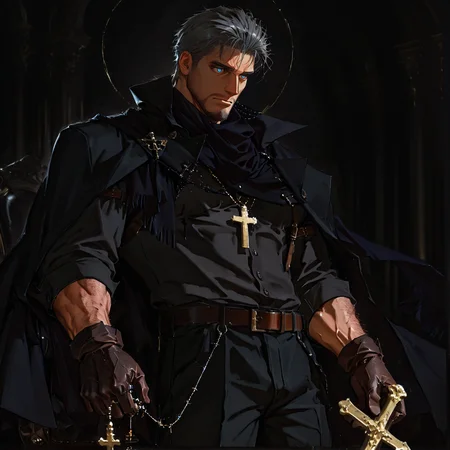 <lora:Eins__Alchemist_Code-000005:.75> tagatameeins, eins_grey hair, eins_grey eyes, 1boy, short hair, rosary, solo, male focus, manly, mature male, bara, muscular male, cape, shirt, scarf, gloves, belt, pants,
((__1man-poses__, ))
short hair, male focus, muscular male, muscular male, bara, mature, (hairy body, hairy, body hair, glossy skin, bara, mature, facial hair, beard, full beard, sideburn, mustache, stubble, male pubic hair), facial hair, bara, mature, body hair, aixiwuganda_(20222192), very awa, masterpiece, best quality, absurdres, newest, perfect quality, detailed background, intricate details,, <lora:slider_Body Type_alpha1.0_rank4_noxattn_last:3><lora:Anime Summer Days 2 Style SDXL_LoRA_Pony Diffusion V6 XL:.6><lora:merged:.7>, DARK, DARK BACKGROUND, LOW-KEY LIGHTING <lora:slider_cfg_scale_boost:.7><lora:Artist6p:.55>, Artist6p, Artist04p,<lora:slider_il_contrast_slider_d1:-.25>,<lora:slider_contract_controller_illus01_v1:.3>, <lora:addon_illustriousXLv01_stabilizer_v1.121:.5>,<lora:Heavenly_Beauty_r1:1>, (heavenlybeauty,)<lora:slider_style_strength_controller_illus01_v1:.25>