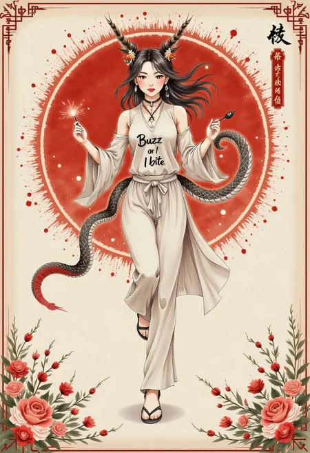 zydInk. vibrant colors. Beauty cute (supermodel fantasy war+ day)1.6, (professional picture)1.5, cute snake-girl, fangs , small breasts, hair boons. (fashion colors)1.3, linen pants, silk scarf, turtleneck leotard, tank top with writing "Buzz or I bite". petite bat curvy body. snake scale make-up. Chinese dragon 3d background. Delicate 3d render