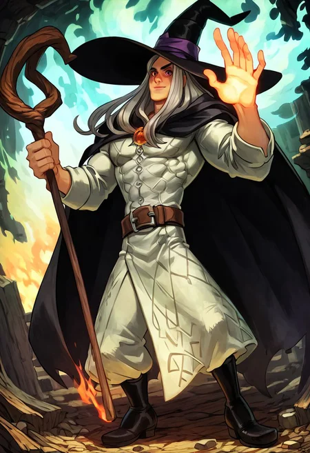 score_9, score_8_up, score_7_up,, (solo, 1man,) smooth colors, smoothly blended, creamy colors,
1 man, wizard, wearing white robes, wearing a black cape, large wizard hat, large nose, thin and grey hair, very long beard, slim, slender, thin, not muscular, not toned, slightly hunched over, holding a wooden staff, one hand raised (casting a fire spell), leather boots, dungeon background,
OverallDetail, master piece, detailed skin texture,(ultra detailed face, 4k resolution, ultra detailed eyes, ultra detailed foot), high detail, ultra detailed skin, (UnrealisticDream) (fFaceDetail)