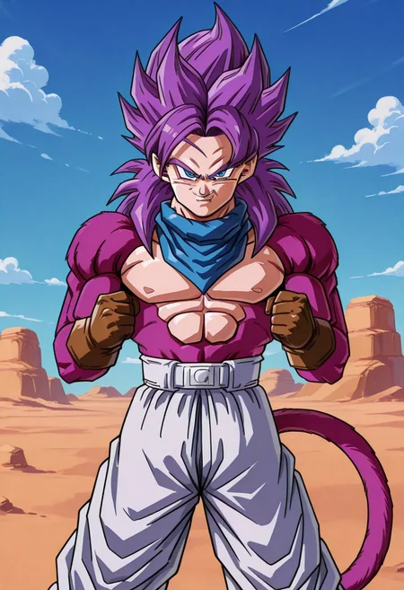 GTTrunks, 1boy, purple hair, blue bandana around neck, brown gloves, shorts, white pants, brown boots, abs, body fur, long hair, monkey tail, muscular, pectorals, (purple fur:1.5), solo, spiked hair, ssj4, super saiyan, tail, solo, fighting stance, standing, clenched hands, dynamic pose, upper body, looking at viewer, smirk, closed_mouth, cowboy shot, desert background, blue sky, clouds, scene reference, verybadimagenegative_v1.3