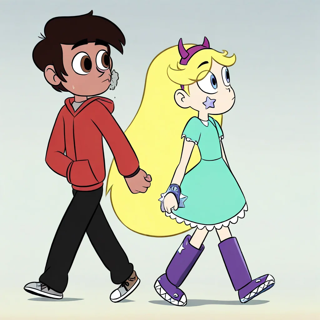 masterpiece, best quality, star_co, (1boy, marco_d, hoodie), break, (1girl, star_b, fake horns, dress), walking, looking at another