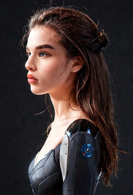 score_9, Raw Photo, (right side profile portrait:1.3), 4ng3l face, pained blue eye from side, defined profile line, tousled brown hair swept right:1.1, curved eyebrow arch, sculpted cheekbone, soft pouting lips:1.2, no smile:1.4, grief-stricken side expression, flawless skin:1.2, elegant neck line:1.1, ultra sharp facial details:1.4, tech suit visible on shoulder, rim lighting:1.3, cinematic color grading, sharp details:1.4, realistic skin texture:1.4, super detailed, photo realistic, masterpiece