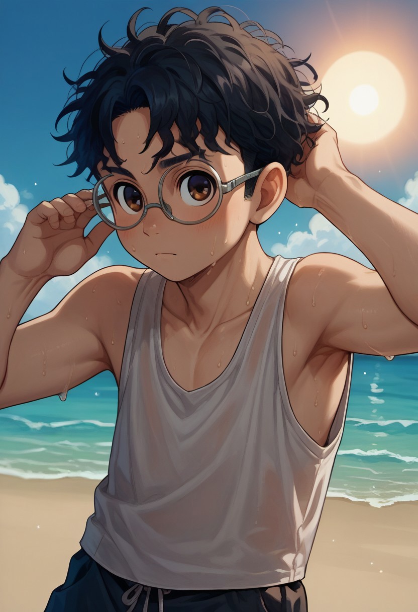 score_9, score_8_up, score_7_up, source_anime, highly detailed, young, 1boy, solo, cute boy, okarun, black hair, curly hair, brown eyes, glasses, tank top, shorts, sweaty, hot, sun, sweat,