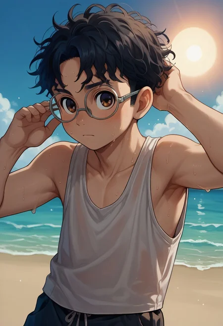 score_9, score_8_up, score_7_up, source_anime, highly detailed, young, 1boy, solo, cute boy, okarun, black hair, curly hair, brown eyes, glasses, tank top, shorts, sweaty, hot, sun, sweat,