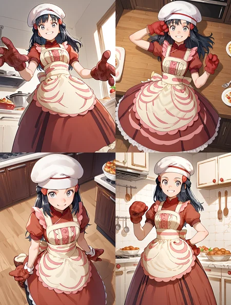__femalePosesWildcard400_v10/female-poses__, __1000Wildcards_wildcards/wildcards/perspective__,  solo, 1girl,  smile, Kitchen, <lora:DawnPony:1> Dawn_Valentin, medium hair, black hair, grey eyes, hair ornament, chef hat, white apron, buttons, red dress, short sleeves, red mittens, red footwear,, score_9, score_8_up, score_7_up,