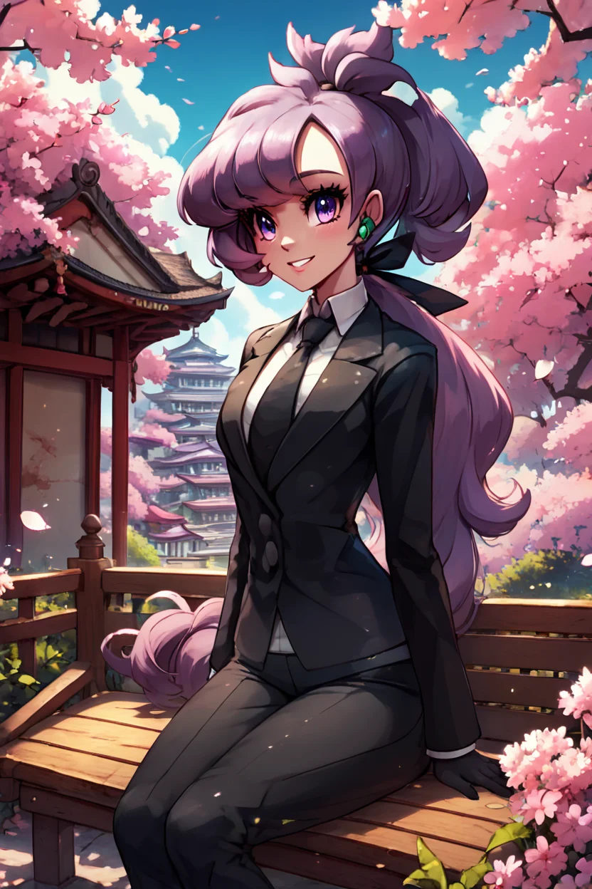 score_9, score_8_up, score_8, medium breasts, (curvy), cute, eyelashes, BREAK, , ,,, zzAnabel, purple hair, purple eyes, long hair, ponytail, ribbon, hair ribbon, bangs, black ribbon, black suit, formal, black tie, black gloves, <lora:Anabel_Pokemon_PDXL:1.0>, ,,,, BREAK, sitting on bench, side view, smile, looking at viewer, cowboy shot, ,,, BREAK, pnkBldng, sky, day, cloud, tree, blue sky, building, architecture, east asian architecture, ,,, BREAK, embedding:zPDXL, Expressiveh, ,,, <lora:PinkBuildingsPDXL_v2:0.6>, <lora:SDXLFaeTastic2400:0.5>, <lora:Expressive_H-000001:0.4>