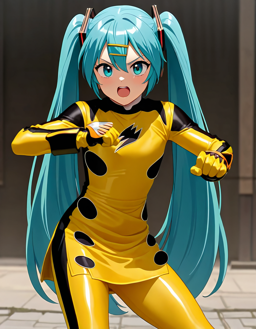masterpiece, best quality, amazing quality, very aesthetic, absurdres, newest,shiny skin  (((anime screenshot:1))),  anime coloring,   hatsune miku,  twintails,  blue hair,  fighting stance,  hairclip  looking at viewer,  open mouth 1girl , flat chest, GEKIYELLOW, robot, solo, GEKYWO bodysuit, breasts, GEKYWO skirt, GEKYWO gloves, GEKYWO boots, helmetless  <lora:Jungle_Fury__Gekiranger:1>