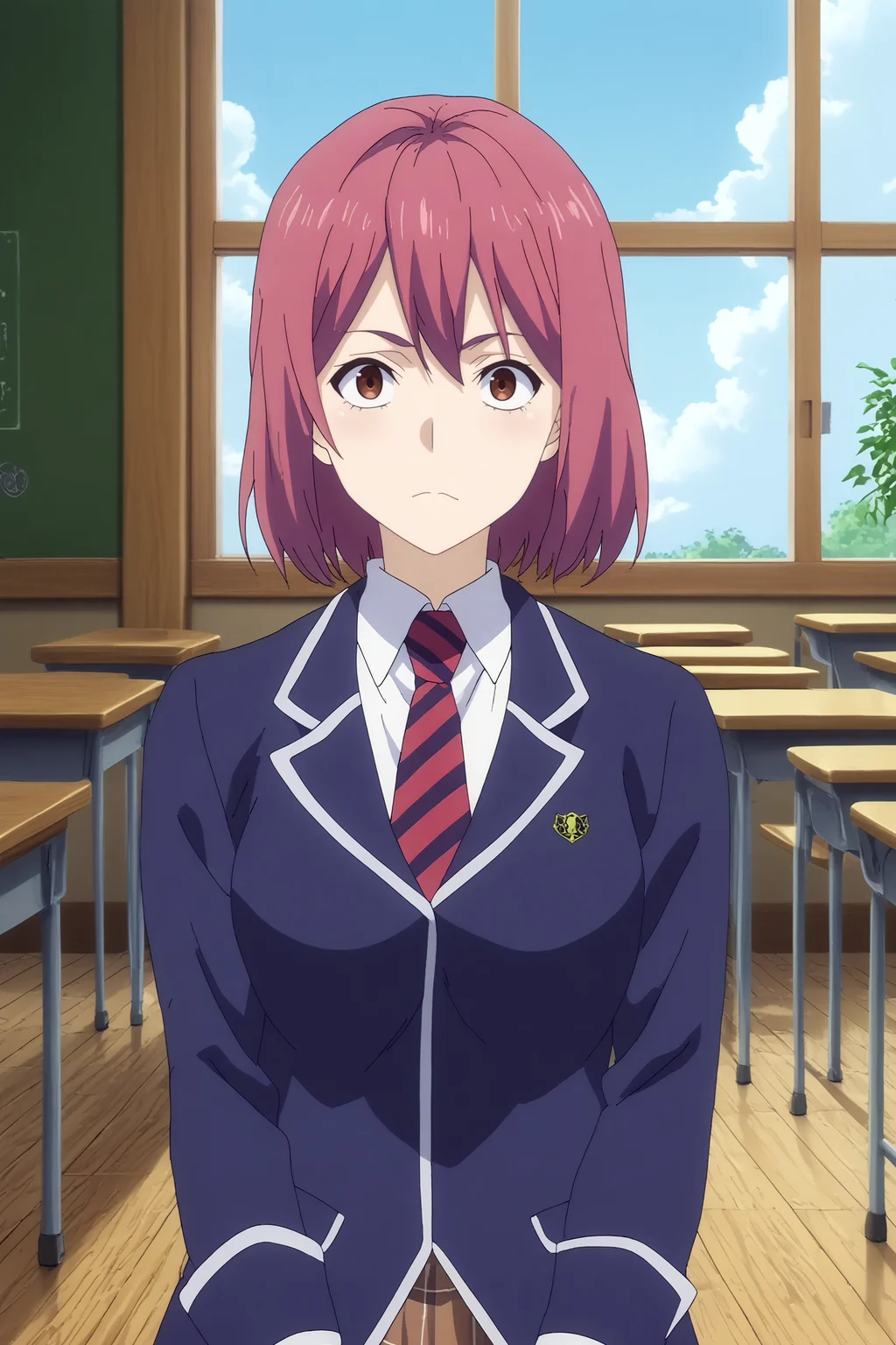 hisako arato,1girl,solo,school uniform,short hair,pink hair,red eyes,necktie,stripped necktie,blazer,plaid skirt,looking at viewer,mature,upper body BREAK indoors,japanese classroom,classroom,simple decor, organized shelves, neat rows, kanji on the board,windows,blue sky,Wooden floors, low desks, chalkboard, sliding doors, sunlight, quiet, neat rows, plants upside-down, <lora:Hisako_Arato_-_Food_Wars.safetensors:0.8> <lora:detailed_backgrounds_v2.safetensors:0.8>