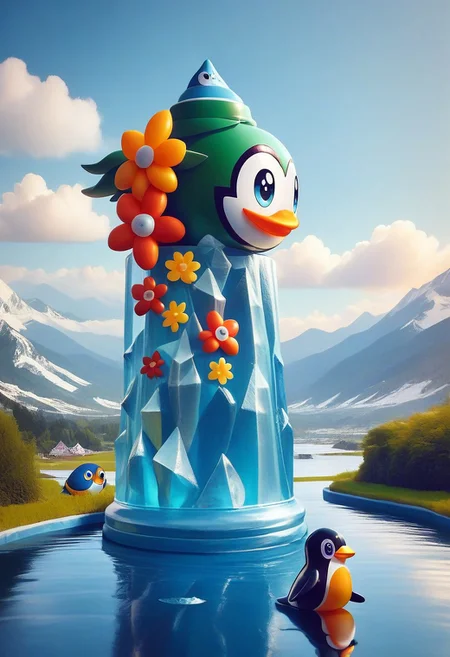 score_9, score_8_up, masterpiece, extremely detailed, best quality, highres, Latex, googly eyes, penguin, antartica, ice plains, scenery