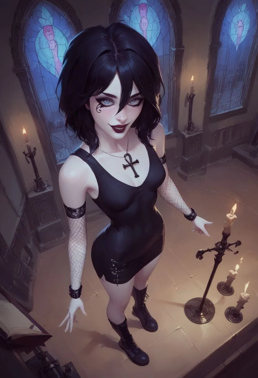 score_9, score_8_up, score_7_up, pinup girl pose, a sexy girl in a goth outfit, (silver ankh necklace), dancing, smiling eyes, mouth open, cleavage, (((fishnet shirt))), ((fishnet sleeves)), black lace bra, black lace skirt, close on face, short black glam hair, egyptian eyeliner, eye of horus, (very pale skin), (((white skin))), pale colors, goth decorations, small breasts, perfect face, thin waist, heart-shaped ass, black themed clothes, mischievous look on face, semi realistic, fantastical, looking at viewer, (black hair), gray eyes, face mark, fishnet stockings, combat boots, black bracelets, full body, from above, focus on face,
score_9,score_8_up,score_7_up,very aesthetic ,(masterpiece:1.4), (best quality), (colorful), (detailed) dramatic angle, unique perspective, unique angle, comic book angle and perspective, (((nighttime))), summer night, candle light, D_endless, indoors, at night, in a crypt, stained glass window