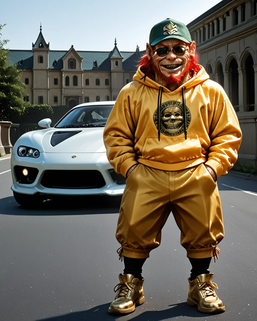 standing on the car, against the backdrop of a mansion, many sports cars, <lora:Leprechaun_Illustrious:1>, Llepr3echa1un4, 1eprehau1_n,  hands in pockets, solo,boy  wrinkled skin, gnome, (gold hoodie:1.3), gold baseball cap, (sunglasses:1.3), gold pants, gold shoes, black teeth, black lips, long hair (ponytail), red hair, beard, green eyes, no human, horror movie, realistic, sunny weather,, male, angry smile, smug, <lora:hand 4:1>, cyberpunk style, (cyberpunk clothing:1.3),