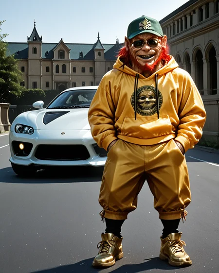 standing on the car, against the backdrop of a mansion, many sports cars, <lora:Leprechaun_Illustrious:1>, Llepr3echa1un4, 1eprehau1_n, hands in pockets, solo,boy wrinkled skin, gnome, (gold hoodie:1.3), gold baseball cap, (sunglasses:1.3), gold pants, gold shoes, black teeth, black lips, long hair (ponytail), red hair, beard, green eyes, no human, horror movie, realistic, sunny weather,, male, angry smile, smug, <lora:hand 4:1>, cyberpunk style, (cyberpunk clothing:1.3),