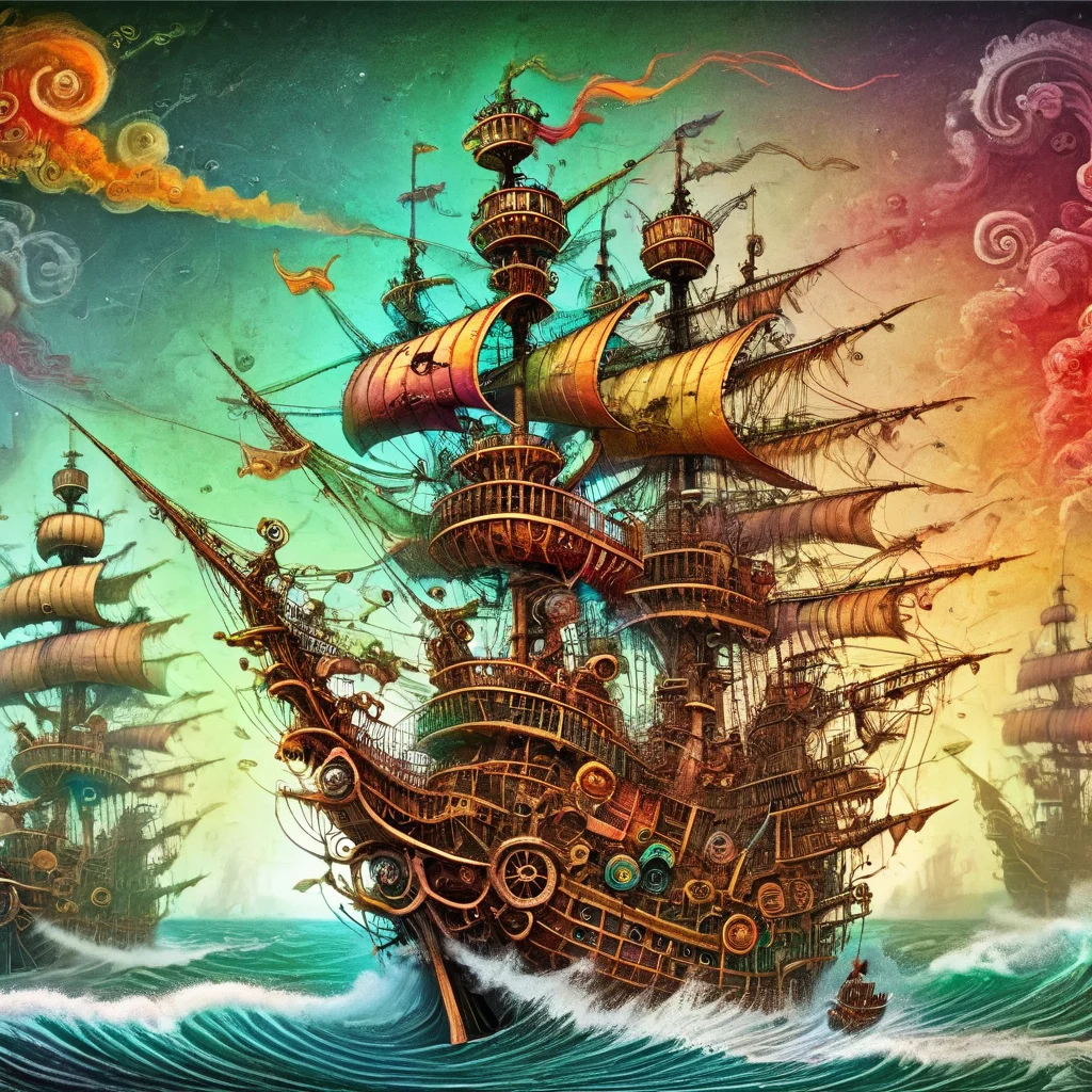 fantoria pirate ship on rough sea, colorful <lora:fantoria:1>
